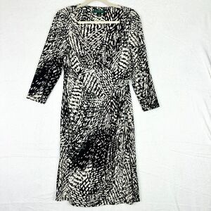 Lauren Ralph Lauren Ruched Faux Wrap Sheath Dress Size 10 Knee Length Abstract